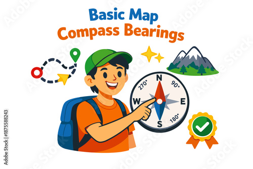 Young male adventurer demonstrates basic map compass bearings