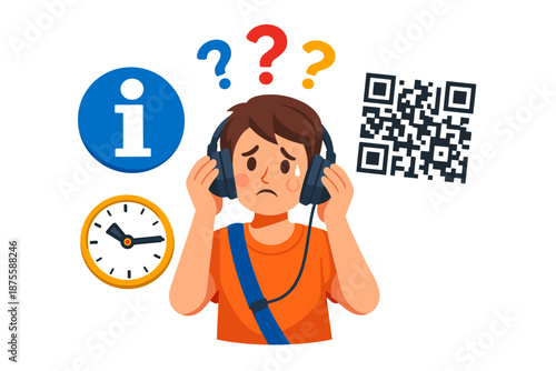 Confused young male listening to headphones with information icons and qr code