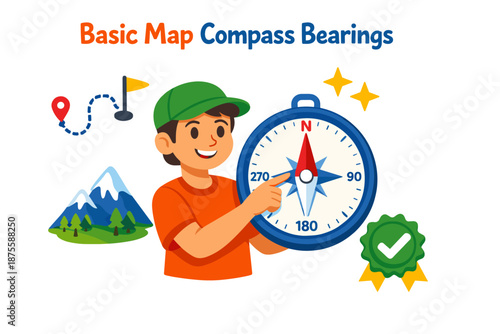 Young boy learning basic map compass bearings with illustrative icons