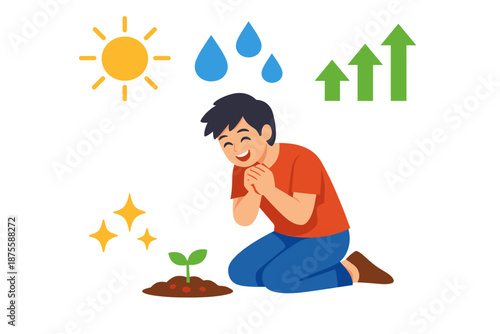Young asian male gardening enthusiast joyfully tending seedling with growth and weather icons