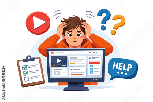 Confused young male browsing online with computer and help icons nearby