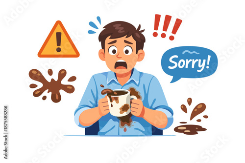 Young caucasian male spilling coffee with surprise and apology