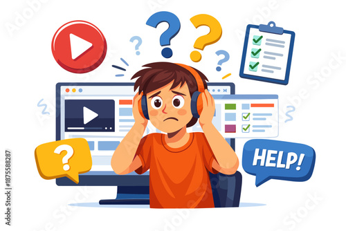 Confused young male seeking tech help while watching online tutorials