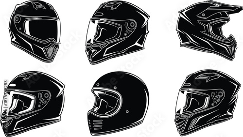Motorcycle helmet set, full face and motocross protective gear collection, racing headwear, safety equipment, cad drawing flat vector illustration