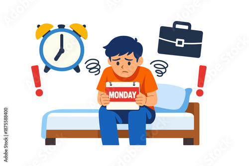 Young asian male facing monday blues with alarm and briefcase symbolism
