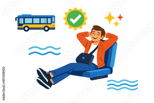 Young caucasian male relaxing on bus seat with positive vibes and travel icons