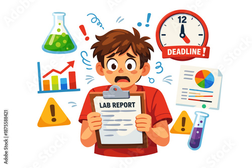 Stressed asian teen holding lab report amid deadlines and lab equipment