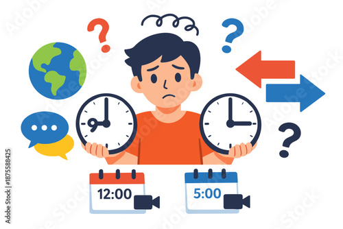 Confused young male deciding between time zones holding two clocks with symbols around