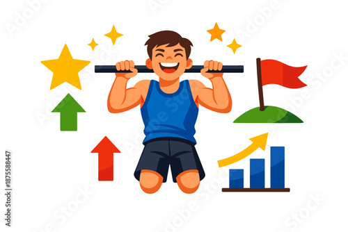 Happy young caucasian male exercising pull-ups with motivational icons