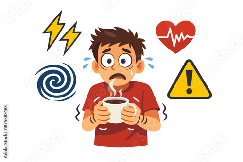 Anxious young male holding coffee amidst stress and warning icons