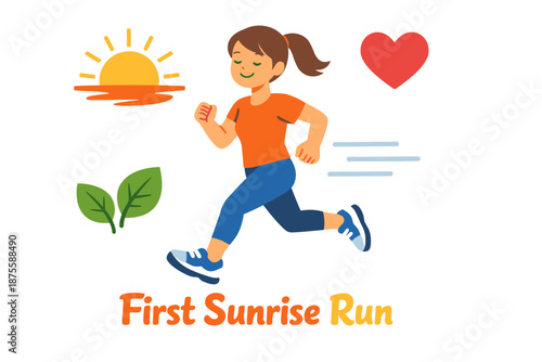 Female caucasian young adult enjoying a sunrise run with nature and heart icons
