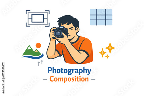 Male photographer focusing on camera techniques and composition elements