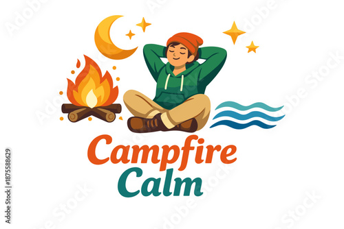 Relaxed camper under night sky with campfire and waves illustration