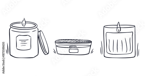 Set of decorative scented candles in jars. Doodle style illustration for aromatherapy, spa, home decor or product packaging design. Vector.