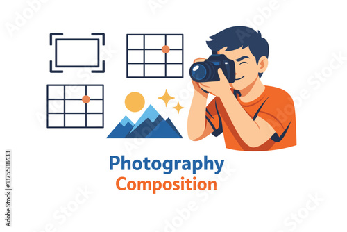 Young adult asian male photographer practicing composition techniques