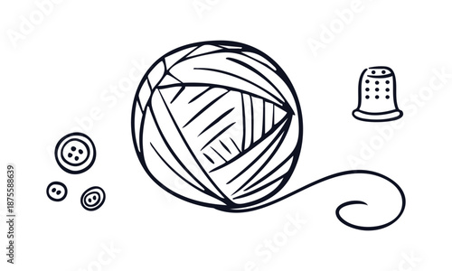 Vector hand drawn ball of yarn, thimble and buttons. Knitting and needlework, handmade. Perfect for handmade clothing, product packaging and small craft branding.
