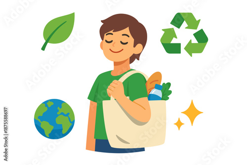 Young caucasian male eco-friendly shopper with reusable bag and recycling icons