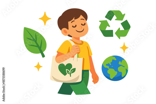 Young male promoting eco-friendly practices with reusable bag