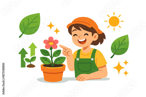 Asian female child smiling with potted plant in garden setting