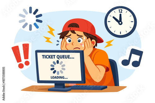 Young male experiencing frustration while waiting in online ticket queue