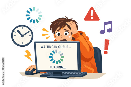 Young male distraught by slow computer loading screen and error alerts