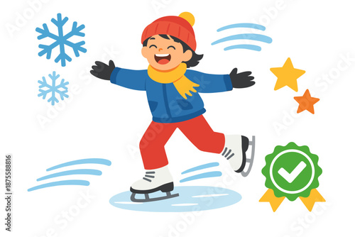 Cheerful asian child ice skating in winter gear with snowflakes and stars