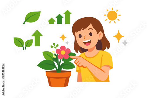 Young female caring for potted plant indoors with symbols of growth and nature