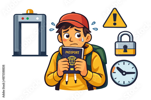 Anxious young male traveler holding passport at airport security checkpoint