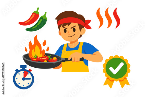 Young asian male cooking spicy food with peppers and flames