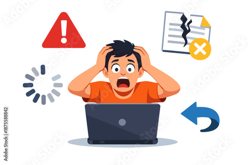 Frustrated young male experiencing computer error with warning symbols
