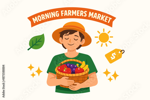 Smiling young male farmer holding basket of fresh produce at morning market