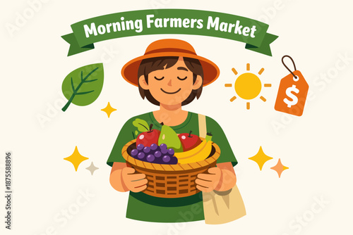 Young hispanic female at farmers market holding basket of fresh fruits