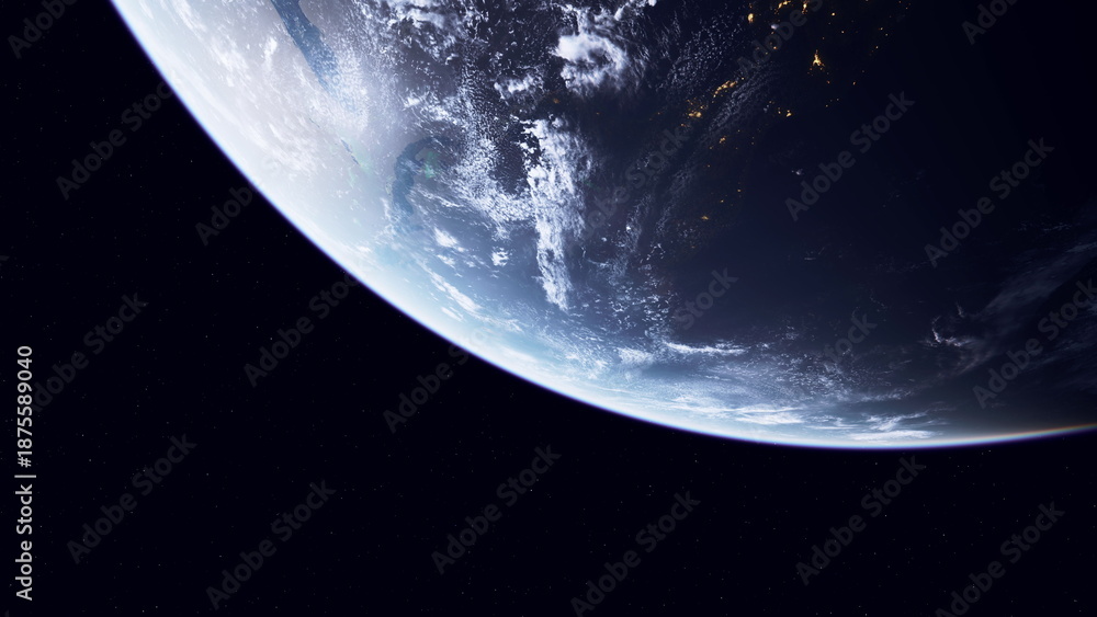 Naklejka premium Our world over quiet stars, Blue sphere beneath still cosmic sky, Curved blue globe surrounded by serene starry sky and gentle atmospheric fog