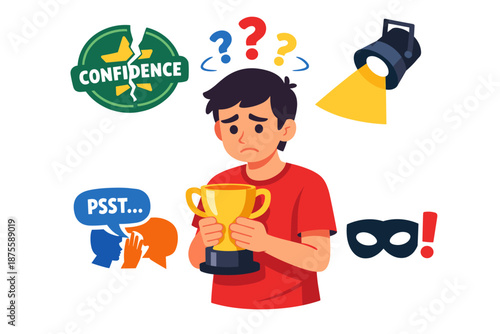 Young male teen facing stage fright and anxiety with trophy and confidence symbols