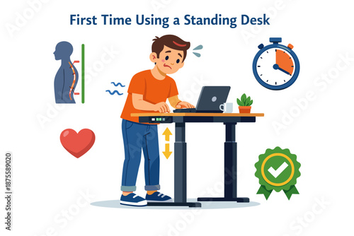 Young male using standing desk for the first time with posture and health benefits