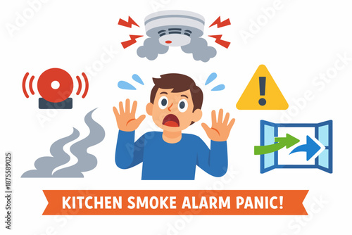 Animated caucasian male child panicking from kitchen smoke alarm alert