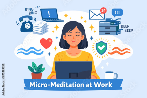 Female asian adult practicing micro-meditation at work for stress relief and focus
