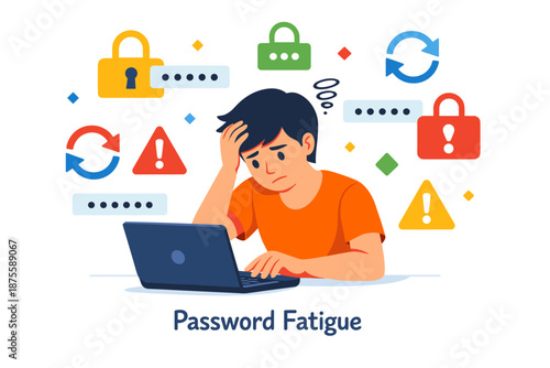 Frustrated young male experiencing password fatigue at laptop