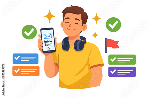 Young caucasian male celebrating inbox zero with smartphone and headphones