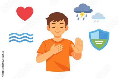 Calm caucasian teen male practicing mindfulness with heart and weather icons