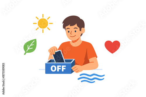 Young caucasian male unplugging device for digital detox with nature and relaxation symbols