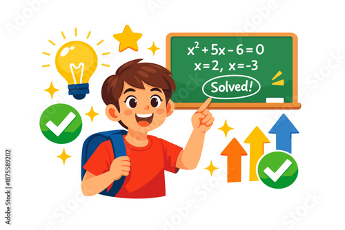 Young caucasian boy solving math equation on chalkboard with enthusiasm