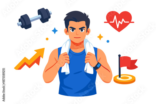 Young asian male fitness enthusiast with dumbbell and heartbeat symbol