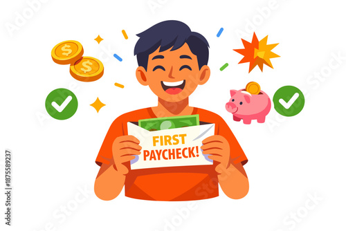 Happy asian teen boy celebrates first paycheck with symbols of savings and success