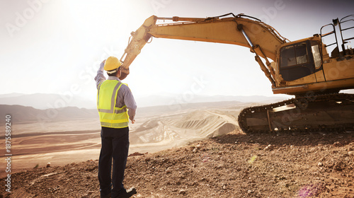 Construction site with excavator and worker inspecting the area.