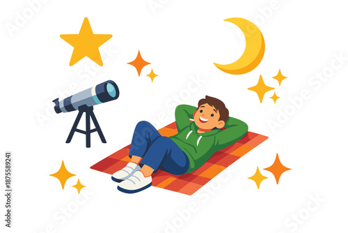 Child stargazing on blanket with telescope under night sky with stars and moon