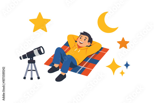 Young caucasian male stargazing with telescope on plaid blanket under night sky