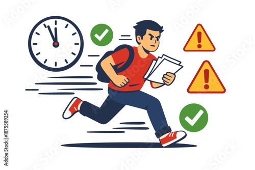 Animated male student running late with urgent papers and deadline symbols