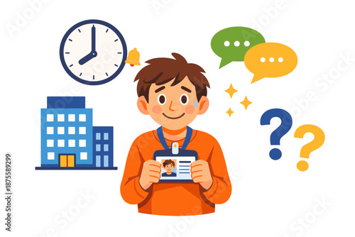 Young male worker with id: office introduction and question communication