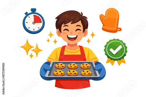 Young caucasian male baking cookies with timer, oven mitt, and badge